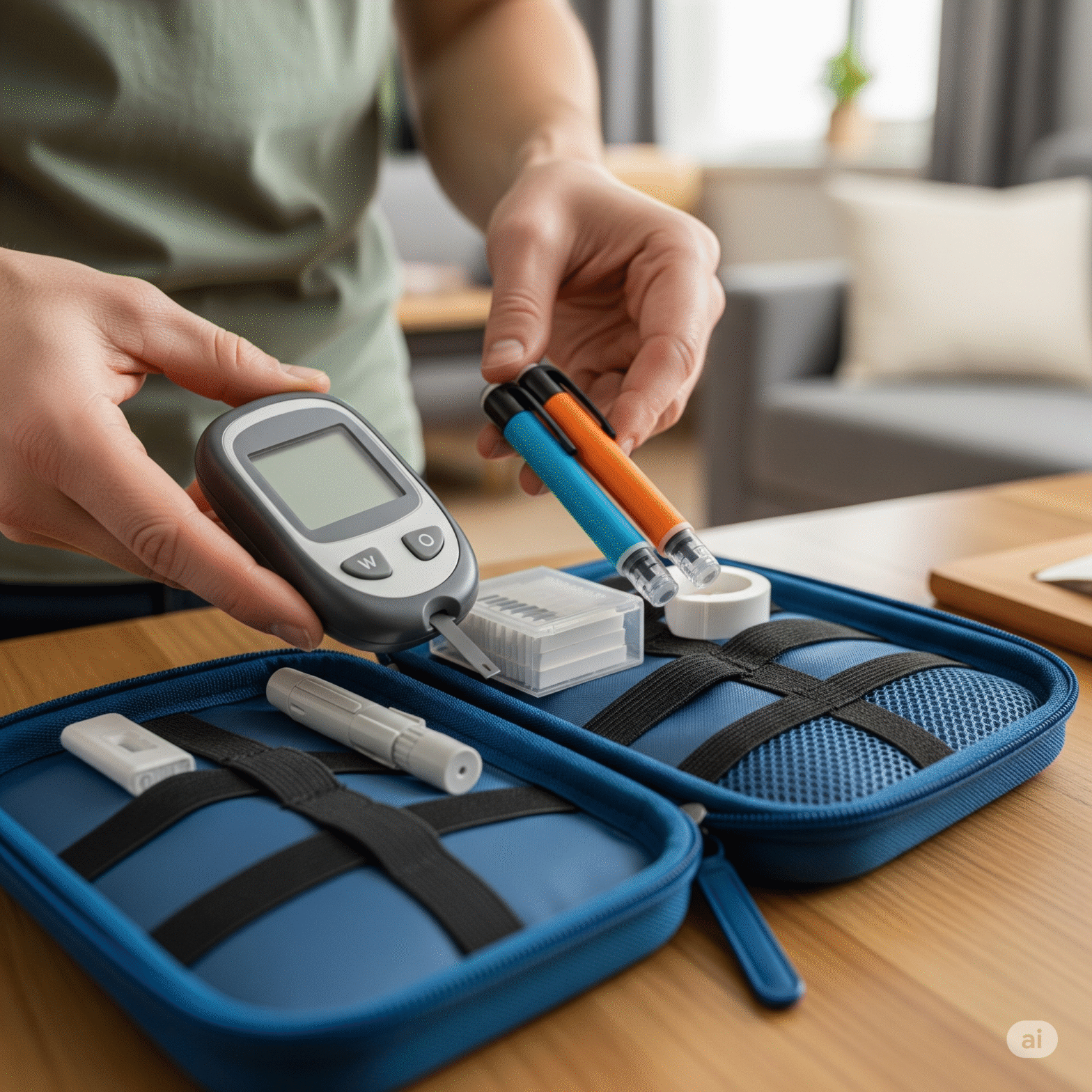 A well-organized, open diabetic supply kit containing a glucose meter, testing strips, lancets, an insulin pen, and a small container of glucose tablets on a clean counter.