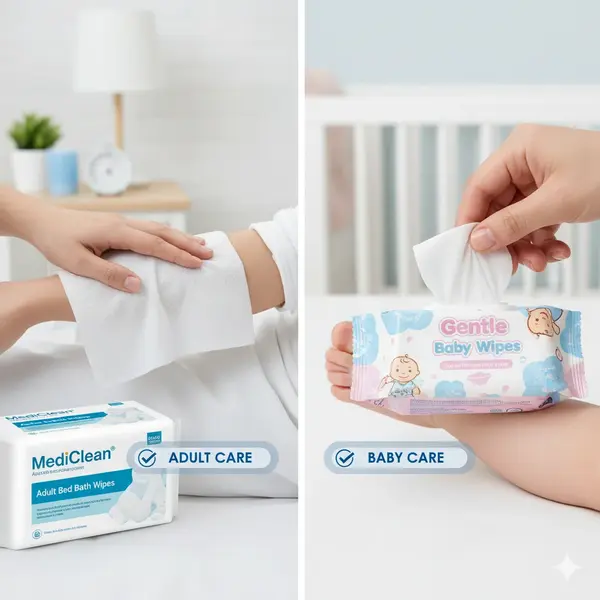 Side-by-side comparison of bed bath wipes and baby wipes used for adult care.
