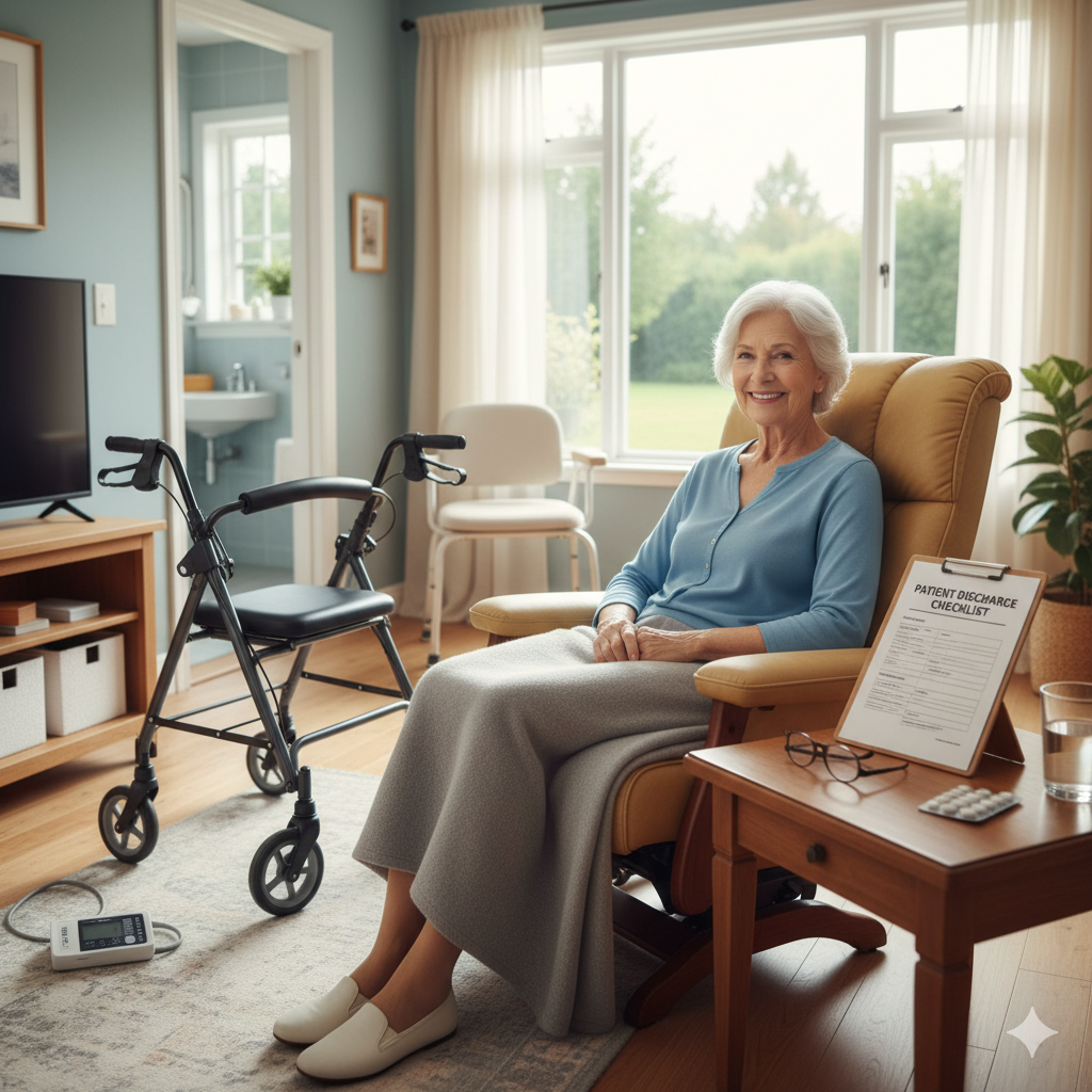 Elderly woman in a recliner with a walker and patient discharge checklist at home.