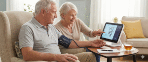 Person checking blood pressure at home with a monitor.