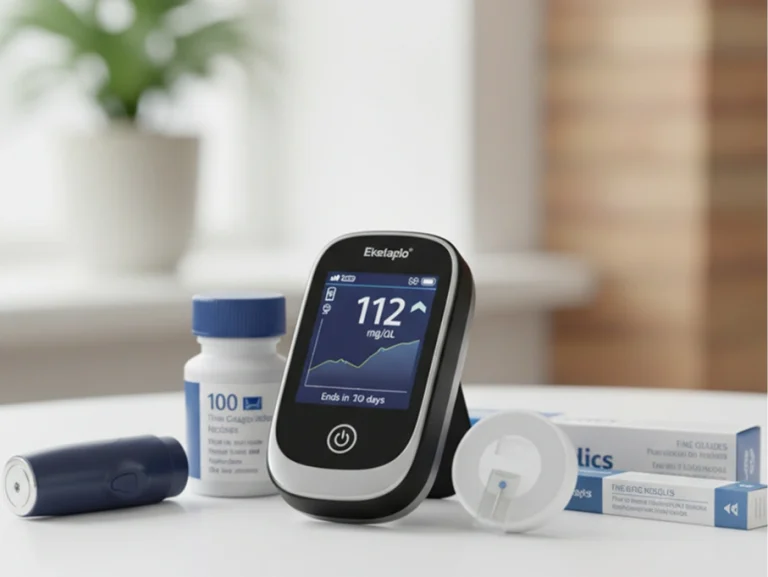 Digital blood glucose monitor showing a reading, alongside diabetic testing supplies including a lancing device and test strip vials.