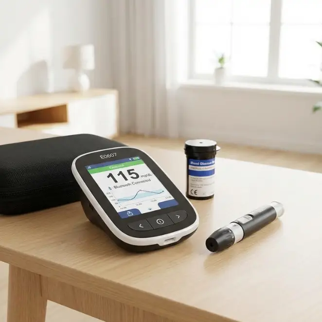 Digital blood glucose monitor showing a clear blood sugar reading on a backlit LCD screen - Alfa Healthcare Supply