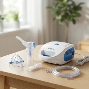 EasyAir Compressor Nebulizer retail box showing the machine, tubing, and mouthpiece - Alfa Healthcare Supply