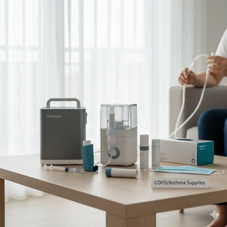 A collection of home respiratory supplies including a portable oxygen concentrator, tabletop nebulizer, inhalers, and protective masks.