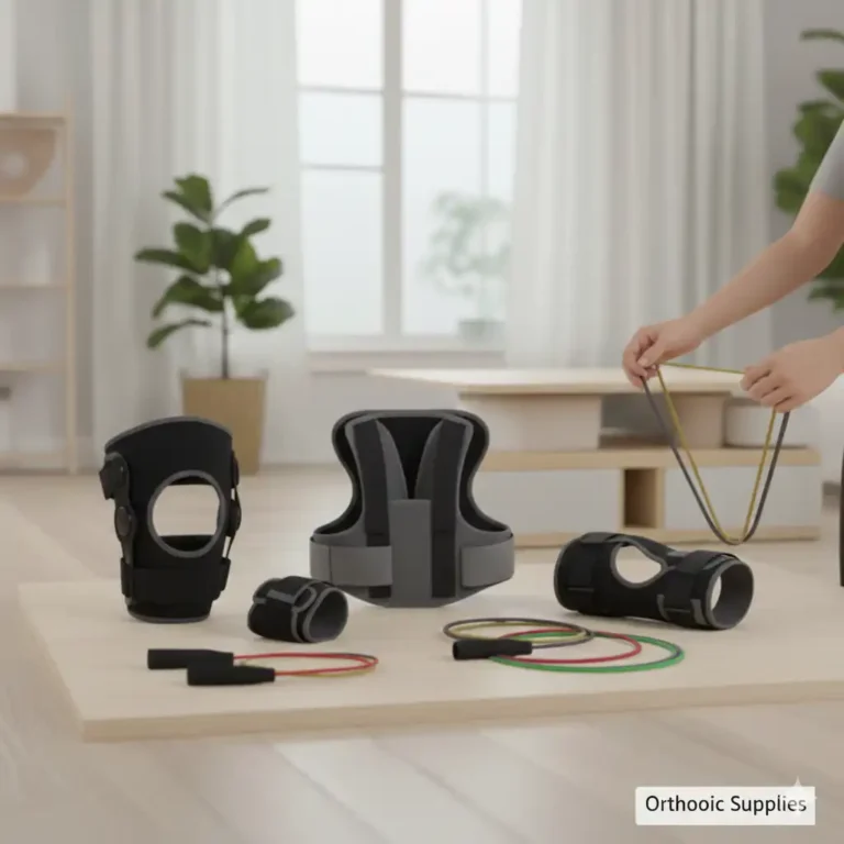 Professional orthopedic supports including a patella knee brace, lumbar back support, and wrist brace with physical therapy resistance bands on a display table.