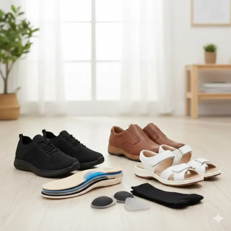 Assorted orthopedic shoes including black sneakers, brown leather dress shoes, white sandals, multi-layered comfort insoles, and diabetic cushions.