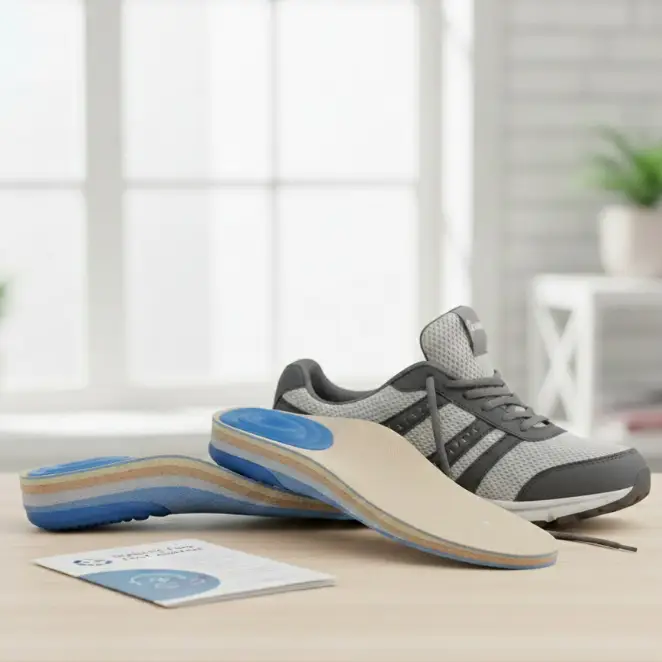 A pair of multi-density custom diabetic shoe inserts resting next to therapeutic extra-depth footwear - Alfa Healthcare Supply.
