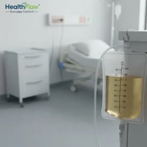 A sterile 2000mL overnight urinary drainage bag with clear tubing, resting on a medical tray in a clinical hospital room setting - Alfa Healthcare Supply.