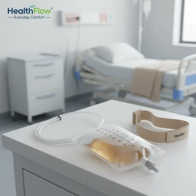 A sterile, low-profile urinary leg bag with a blue anti-reflux valve and volume graduation marks, resting on a clinical surface - Alfa Healthcare Supply.