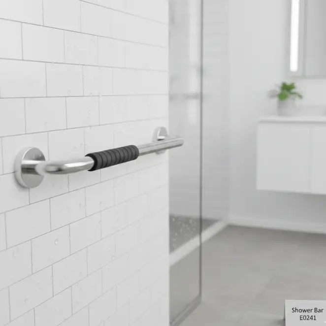 A white steel clamp-on bathtub grab bar securely attached to the side of a bathtub - Alfa Healthcare Supply NY.