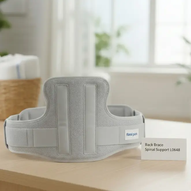 A person wearing a rigid LSO back brace showing the low-profile front panel - Alfa Healthcare Supply NY.