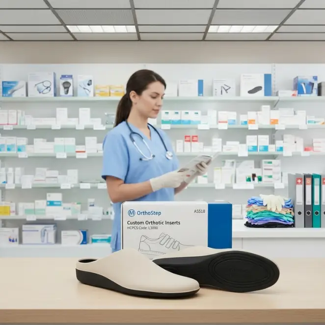 A pair of finished L3000 custom-molded foot orthotics with blue top covers and rigid arch support - Alfa Healthcare Supply.