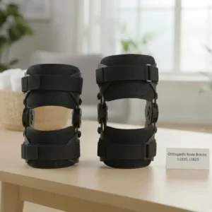 A person wearing a black hinged elastic knee brace with an open patella design - Alfa Healthcare Supply NY.
