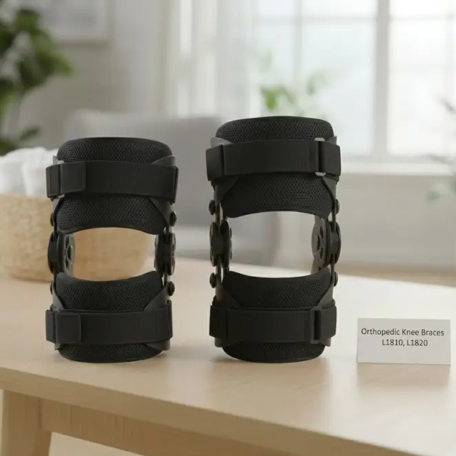 A person wearing a black hinged elastic knee brace with an open patella design - Alfa Healthcare Supply NY.