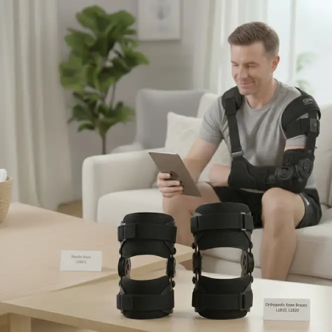 A rigid Sarmiento-style humeral fracture brace showing the thermoplastic shell and straps - Alfa Healthcare Supply NY.