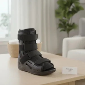 A rigid plantar fasciitis night splint showing the 90-degree neutral position and adjustable straps - Alfa Healthcare Supply NY.
