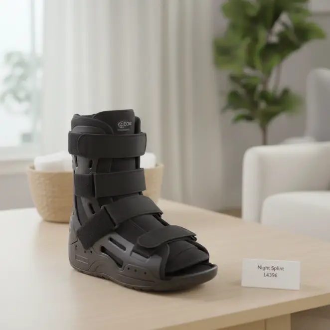 A rigid plantar fasciitis night splint showing the 90-degree neutral position and adjustable straps - Alfa Healthcare Supply NY.