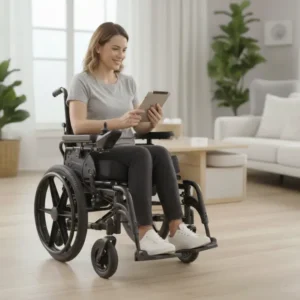 A silver folding aluminum walker with 5-inch front wheels and grey hand grips - Alfa Healthcare Supply NY.
