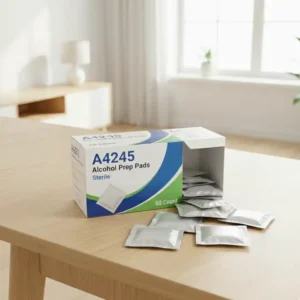Box of 100 sterile alcohol prep pads with several individually wrapped foil packets shown - Alfa Healthcare Supply.