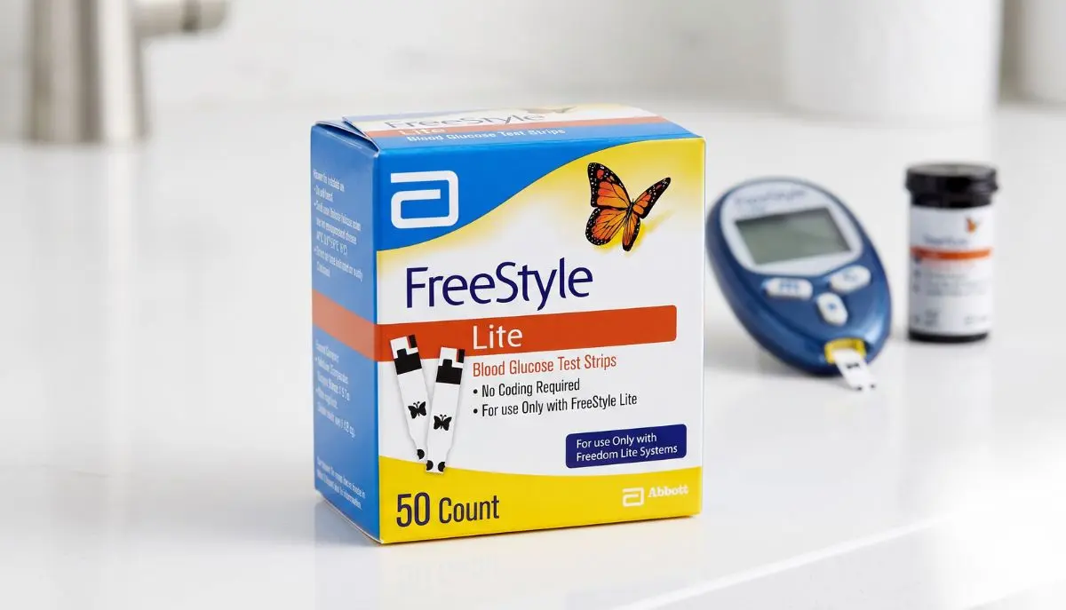 FreeStyle-Lite-blood-glucose-test-strips-50-count-package-is-designed-for-use-with-compatible-FreeStyle-Lite-blood-glucose-meters